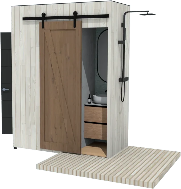 Baño Calafquén con puerta corredera tipo granero, ducha exterior y deck