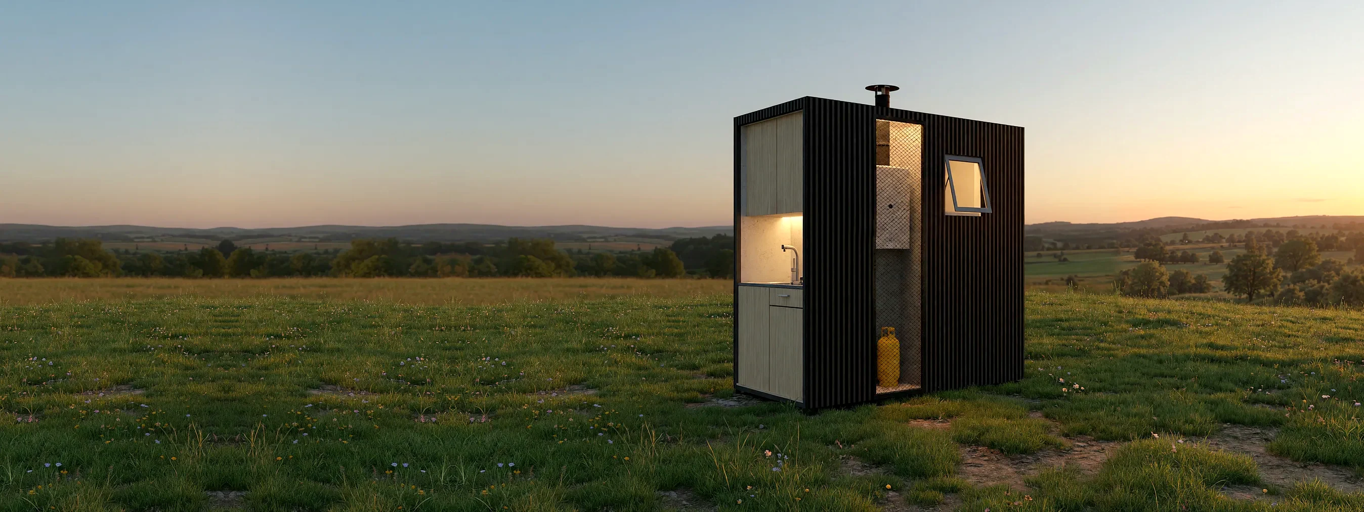 Baño modular Qubos con su cocina iluminada en una parcela al atardecer