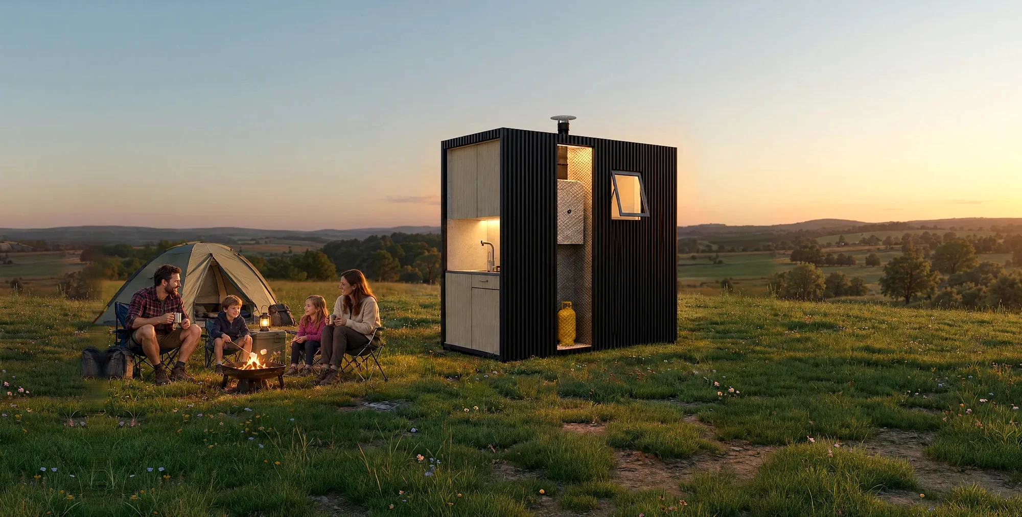 Familia acampando en su parcela junto a un baño modular iluminado al atardecer