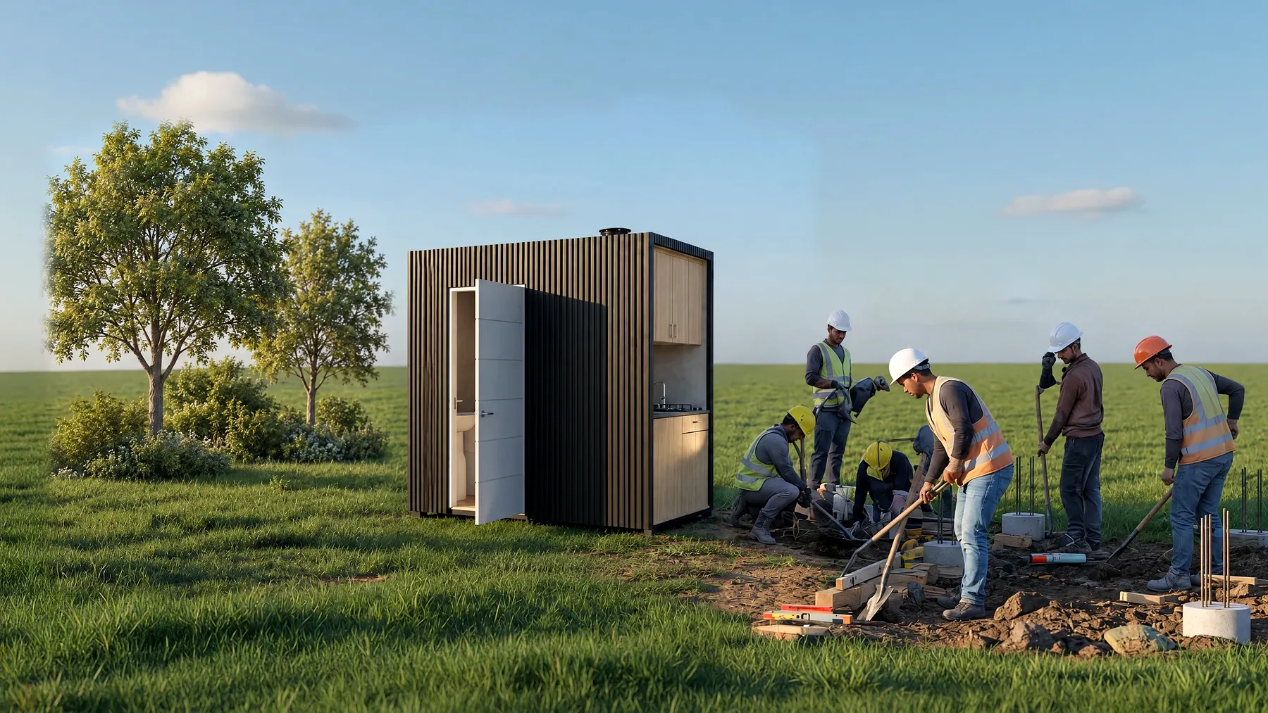 Baño modular Qubos junto a una cuadrilla trabajando en una obra