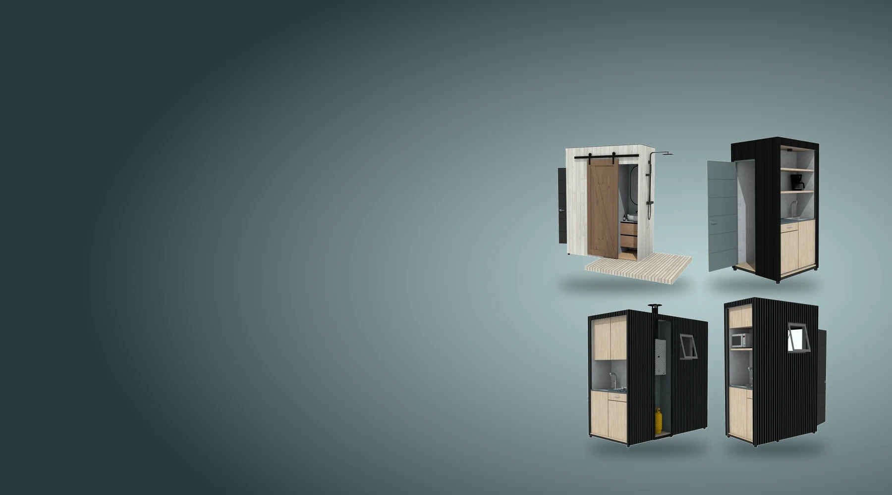 Baños modulares Qubos con ducha exterior, puerta corredera y cocina