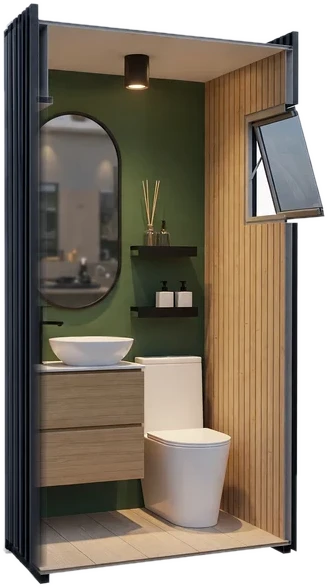 Interior de un baño Qubos con WC, vanitorio, espejo y revestimiento