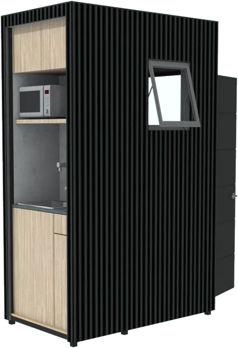 Baño Riñihue con cocina exterior, microondas y ventana
