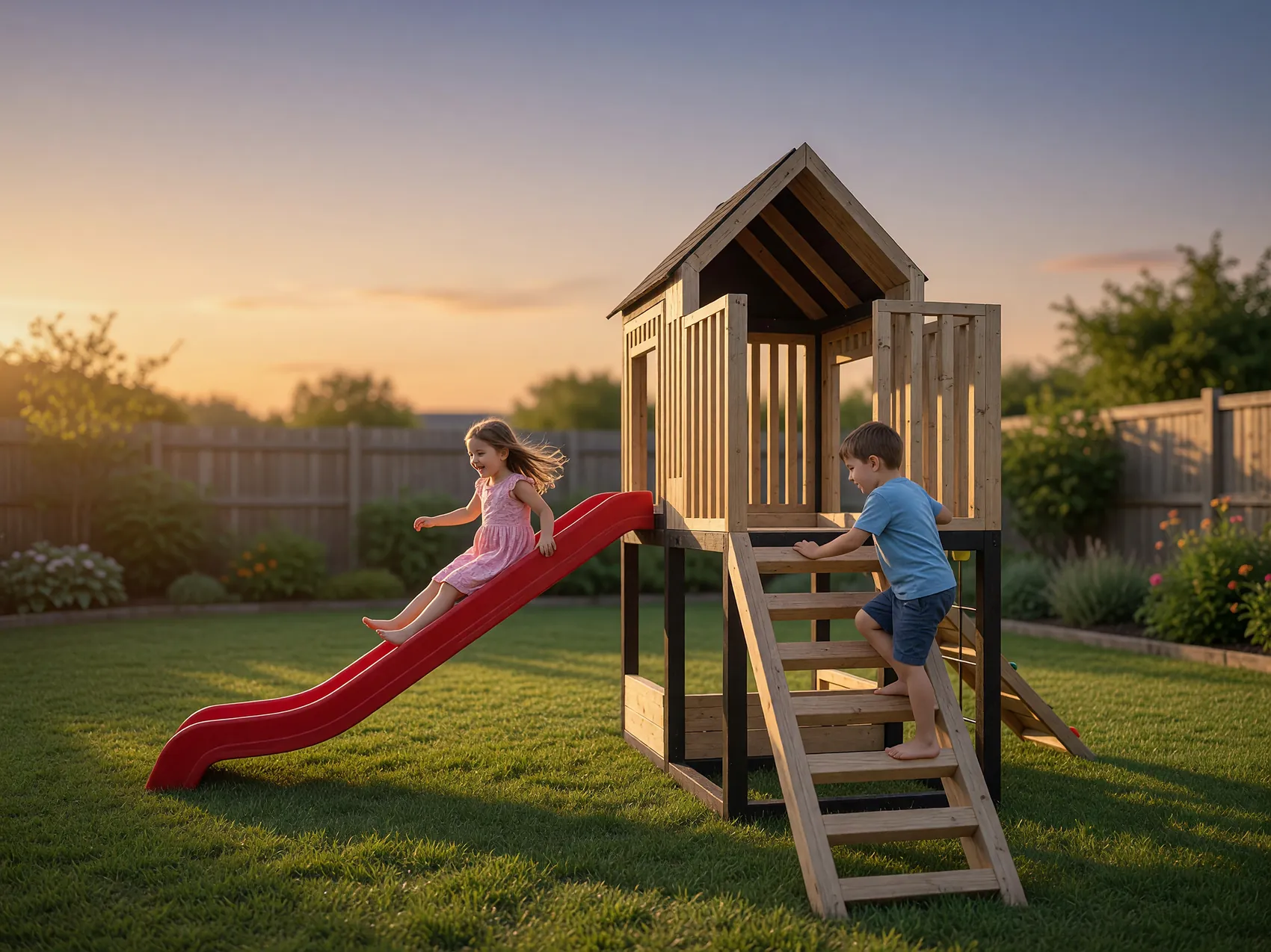 Juego modular Qubos en un patio al atardecer, con dos niños jugando