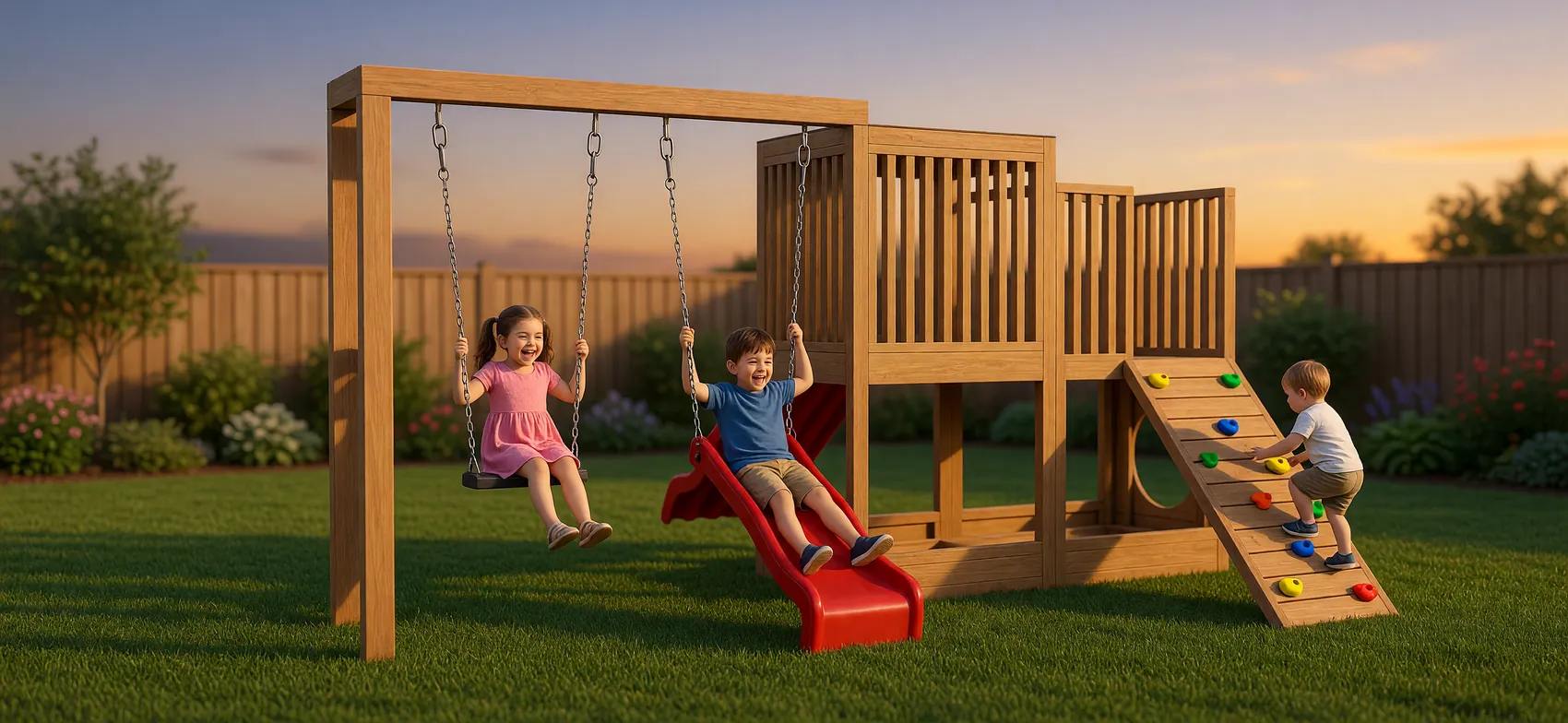 Tres niños jugando en un Qubo con columpios y resbalín