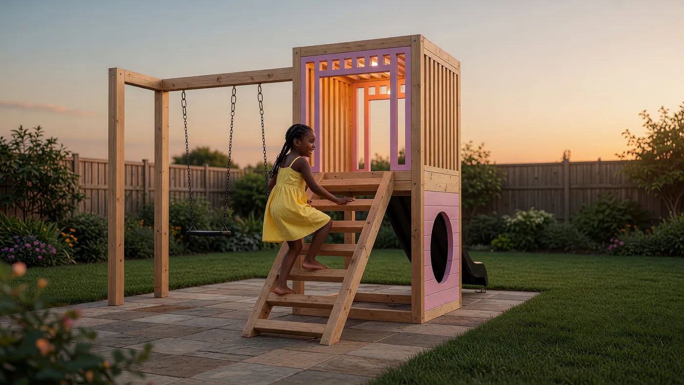 Niña subiendo la escalera de un Qubo iluminado al anochecer